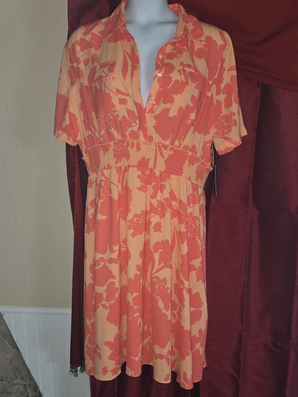 Nordstroms -HALOGEN ATLANTIC-PACIFC Womns Floral Shirred Waist Drss in Corals